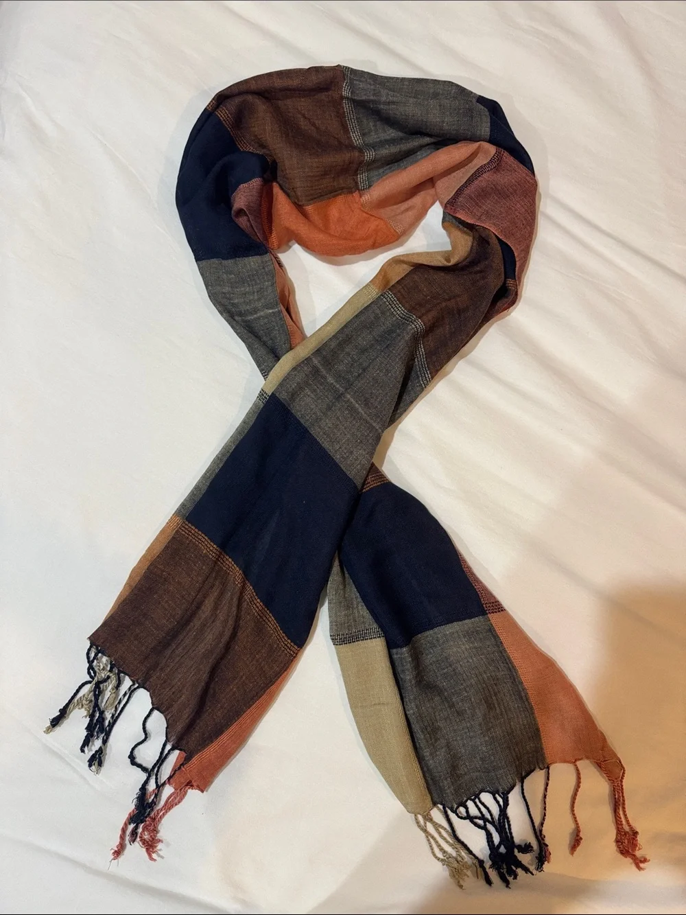 Multicolor Plaid Cotton Scarf - Navy, Brown & Rust from India
